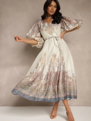 Jasnobeżowa Rozkloszowana Sukienka z Wiskozy z Wiązaniem i Ornamentalnym Wzorem Redanira elsa.m by may