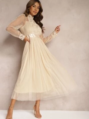 Jasnobeżowa Siateczkowa Sukienka Maxi o Rozkloszowanym Kroju z Ozdobną Koronką Narile elsa.m by may
