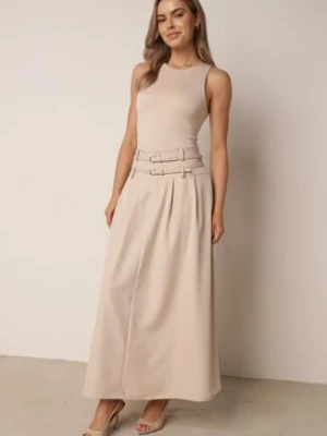Jasnobeżowa Spódnica Elegancka o Rozkloszowanym Kroju z Dwoma Paskami i Kieszeniami Antepia m&d fashion
