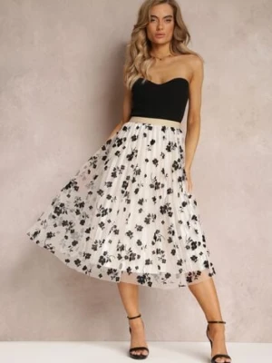 Jasnobeżowa Spódnica Midi Tiulowa z Welurowymi Kwiatami i Gumką w Talii Zihrosa