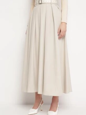 Jasnobeżowa Spódnica o Rozkloszowanym Plisowanym Fasonie z Paskiem z Klamrą Aferna elsa.m by may