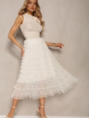 Jasnobeżowa Spódnica Ozdobiona Tiulową Siateczką i Falbanami Oslla j&x