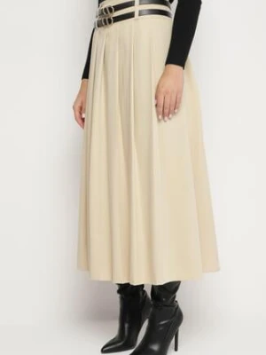 Jasnobeżowa Spódnica z Podwójnym Paskiem z Ekoskóry i Szerokimi Plisami Hiritai lily rose