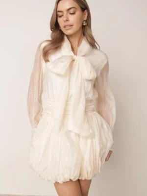 Jasnobeżowa Sukienka Bombka z Wiązaniem przy Dekolcie i Transparentnymi Rękawami Chesura Elsa.m By May Beżowy