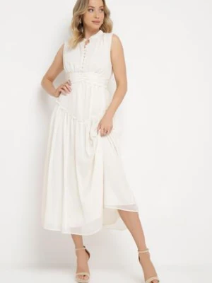 Jasnobeżowa Sukienka Długa Rozkloszowana z Powlekanymi Guzikami Ingridesa bisou's project