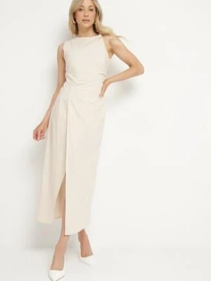 Jasnobeżowa Sukienka Dopasowana z Bawełną i Wiskozą z Rozcięciem Turilia elsa.m by may