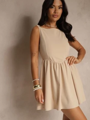Jasnobeżowa Sukienka Koktajlowa z Wiskozą o Rozkloszowanym Kroju Tilurea by swan