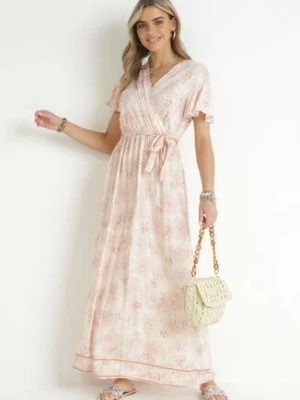 Jasnobeżowa Sukienka Kopertowa z Wiskozy z Gumką w Talii i Metalicznym Wzorem Hollisa cflo