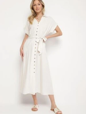 Jasnobeżowa Sukienka Koszulowa z Wiskozy i Lnu Wiązana w Talii z Kieszeniami Efrasira j&x