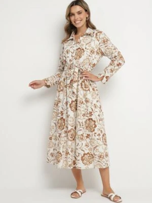 Jasnobeżowa Sukienka Koszulowa z Wiskozy w Kwiaty z Wiązanym Paskiem Lorkia m&d fashion