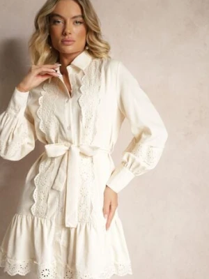 Jasnobeżowa Sukienka Koszulowa z Wiskozy z Bawełną Ozdobiona Paskiem i Koronką Korresil elsa.m by may