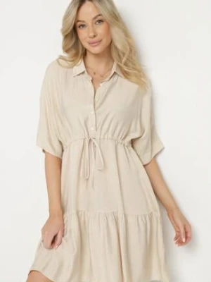 Jasnobeżowa Sukienka Koszulowa z Wiskozy z Kołnierzykiem i Wiązaniem Nanieria cflo