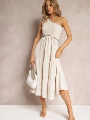 Jasnobeżowa Sukienka Maxi na Jedno Ramię o Rozkloszowanym Asymetrycznym Kroju z Falbanką Kalphus j studio