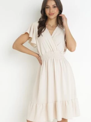 Jasnobeżowa Sukienka Mini z Gumką w Pasie i Falbanką Senait j&x