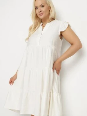 Jasnobeżowa Sukienka o Rozkloszowanym Kroju z Dekoltem w Serek Meverina h&s