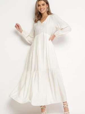 Jasnobeżowa Sukienka Pudełkowa Maxi Ozdobiona Przeszyciami i Guziczkami Kedora rosa