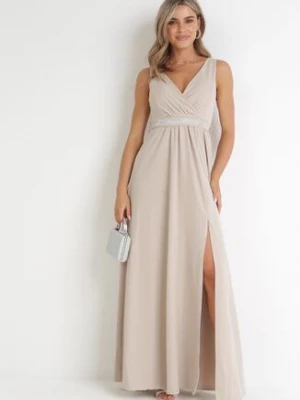 Jasnobeżowa Sukienka Rozkloszowana Maxi z Paskiem w Cyrkonie i Wycięciem Neorise
