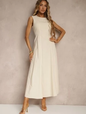 Jasnobeżowa Sukienka Rozkloszowana z Wiskozą Bawełną i Rozcięciem na Nogę Saravisse elsa.m by may