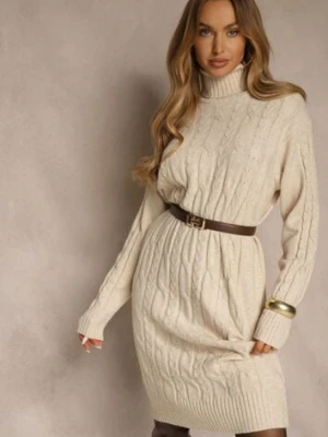 Jasnobeżowa Sukienka Sweterkowa z Golfem Wełną Bawełną i Ozdobnym Splotem Reilenea