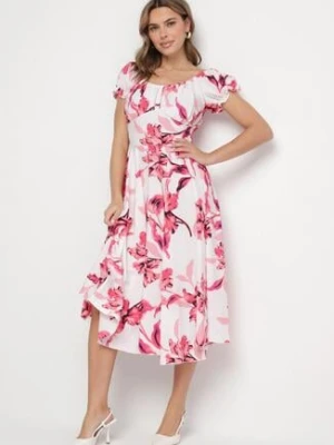 Jasnobeżowa Sukienka w Kwiaty z Dekoltem Łódką z Bawełną o Rozkloszowanym Kroju Annilva wei wei