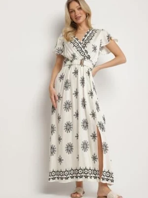 Jasnobeżowa Sukienka w Ornamentalny Wzór z Elastycznym Paskiem Tosvanna j&x