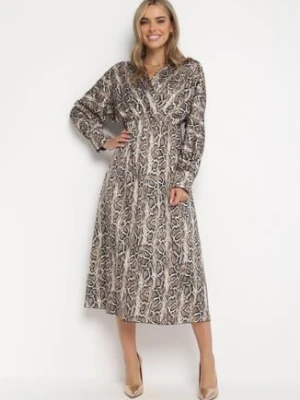 Jasnobeżowa Sukienka w Panterkę z Kopertowym Dekoltem Caka lily rose