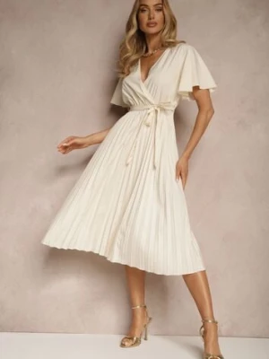 Jasnobeżowa Sukienka Wiązana w Talii z Plisowaniem na Dole Dorseki defox