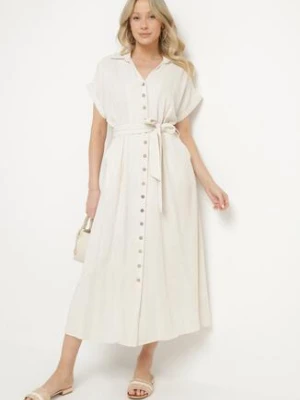 Jasnobeżowa Sukienka z Bawełny o Koszulowym Kroju z Wiązanym Paskiem Elanitiela m&d fashion