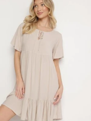 Jasnobeżowa Sukienka z Bawełny o Rozkloszowanym Kroju z Wiązaniem przy Dekolcie Mepilea defox