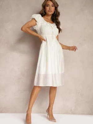 Jasnobeżowa Sukienka z Bufiastymi Rękawami i Gumką w Pasie o Rozkloszowanym Kroju Vikkitha elsa.m by may