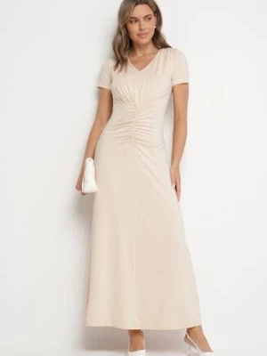 Jasnobeżowa Sukienka z Marszczeniami Taliowana z Dodatkiem Wiskozy Arelona by swan