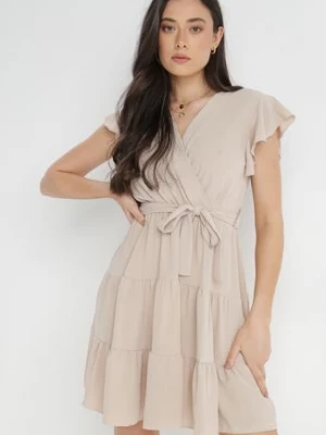 Jasnobeżowa Sukienka z Paskiem Laodima j studio