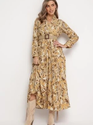 Jasnobeżowa Sukienka z Roślinnym Wzorem i Plecionym Paskiem Nouylas rosa