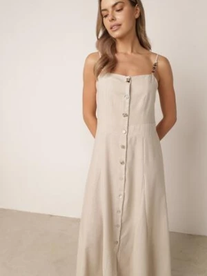 Jasnobeżowa Sukienka z Wiskozą Lnem i Koralikami na Ramiączkach Coranella m&d fashion