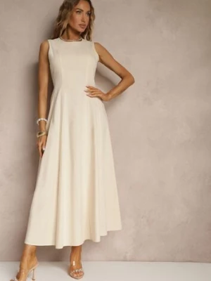Jasnobeżowa Sukienka z Wiskozą o Rozkloszowanym Kroju Bez Rękawów Barneria elsa.m by may