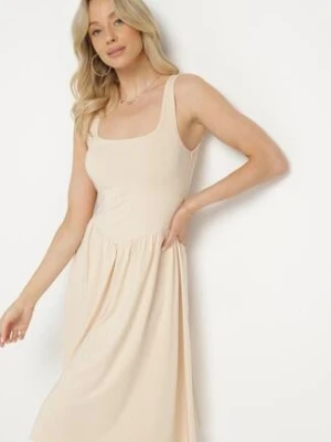 Jasnobeżowa Sukienka z Wiskozą o Rozkloszowanym Kroju Edivane by swan