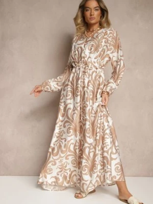 Jasnobeżowa Sukienka z Wiskozą o Rozkloszowanym Kroju w Abstrakcyjny Print Ridirinda m&d fashion