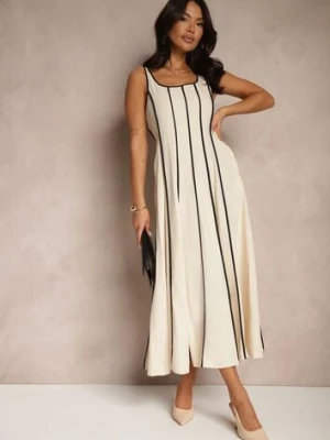 Jasnobeżowa Sukienka z Wiskozą o Rozkloszowanym Kroju w Pionowe Prążki Gonariel elsa.m by may