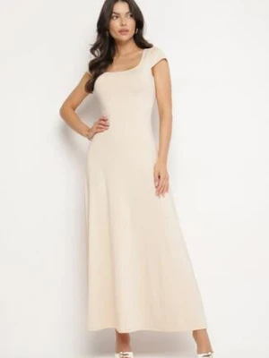 Jasnobeżowa Sukienka z Wiskozą o Rozkloszowanym Kroju z Kwadratowym Dekoltem Nalireina by swan