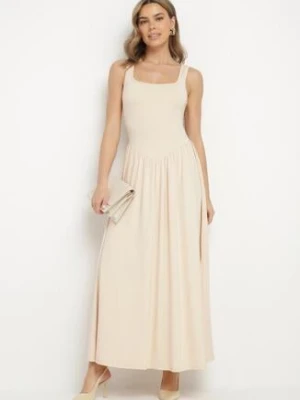 Jasnobeżowa Sukienka z Wiskozą o Rozkloszowanym Kroju z Kwadratowym Dekoltem Tilvia by swan