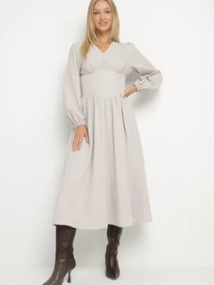 Jasnobeżowa Sukienka z Wiskozą z Gorsetową Talią i Bufiastymi Rękawami Aniste unigirl