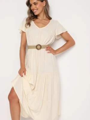 Jasnobeżowa Sukienka z Wiskozy o Rozkloszowanym Kroju Folky cflo