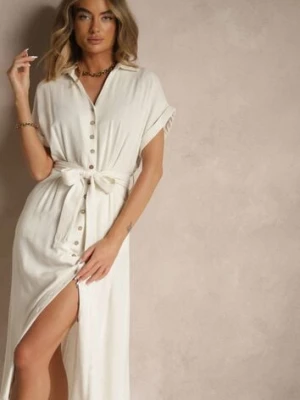 Jasnobeżowa Sukienka z Wiskozy i Lnu o Koszulowym Kroju z Paskiem Efralissea j&x