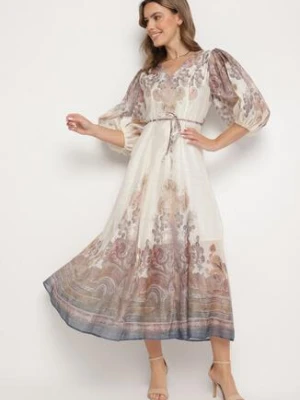 Jasnobeżowa Sukienka z Wiskozy o Rozkloszowanym Kroju z Wiązaniem w Talii Redaeva elsa.m by may