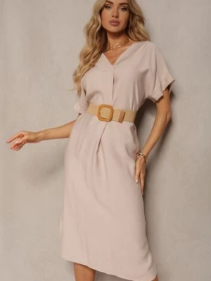 Jasnobeżowa Sukienka z Wiskozy z Trójkątnym Dekoltem i Paskiem z Plecionki Diremia new collection