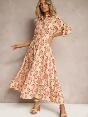 Jasnobeżowa Sukienka Zapinana na Guziki z Materiałowym Paskiem i Podpinanymi Rękawami Biavenna cflo