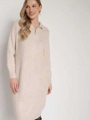 Jasnobeżowa Sweterkowa Sukienka Pudełkowa z Bawełną i Wełną Ozdobiona Suwakiem Reimia