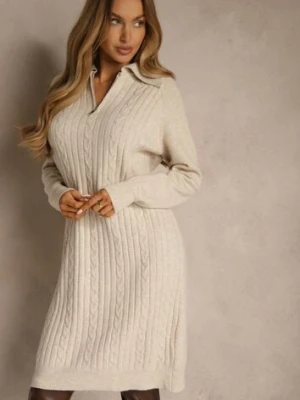 Jasnobeżowa Sweterkowa Sukienka z Bawełną i Wełną Ozdobiona Suwakiem Reinda