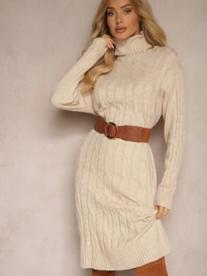 Jasnobeżowa Sweterkowa Sukienka z Wełną Bawełną i Golfem o Pudełkowym Kroju z Ozdobnym Splotem Terevon j&x