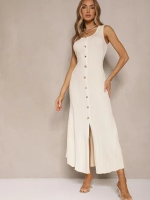 Jasnobeżowa Sweterkowa Sukienka z Wiskozy Ozdobiona Guzikami Lunioris elsa.m by may